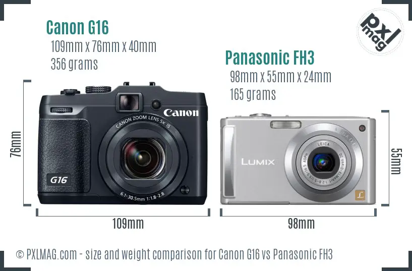 Canon G16 vs Panasonic FH3 size comparison