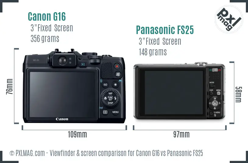 Canon G16 vs Panasonic FS25 Screen and Viewfinder comparison