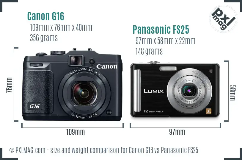 Canon G16 vs Panasonic FS25 size comparison
