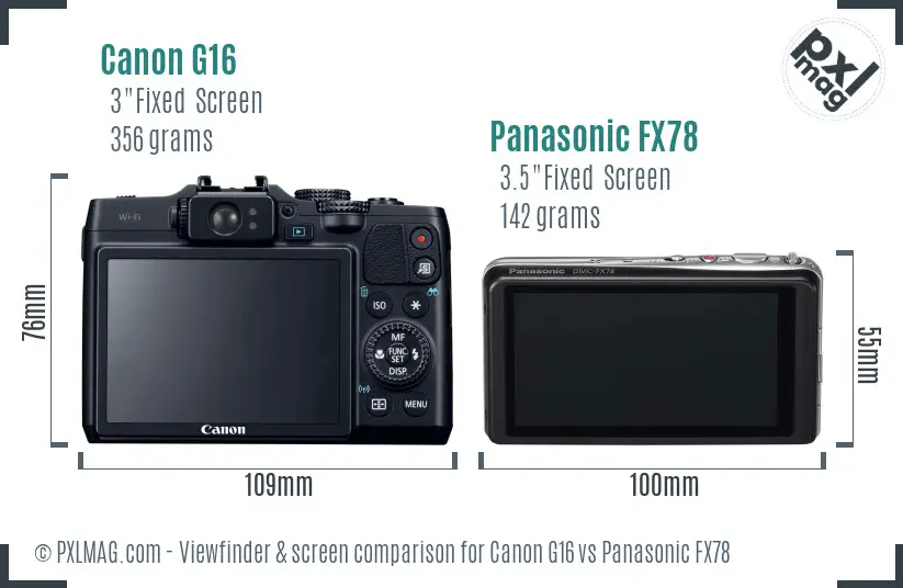 Canon G16 vs Panasonic FX78 Screen and Viewfinder comparison