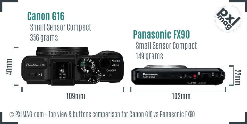 Canon G16 vs Panasonic FX90 top view buttons comparison