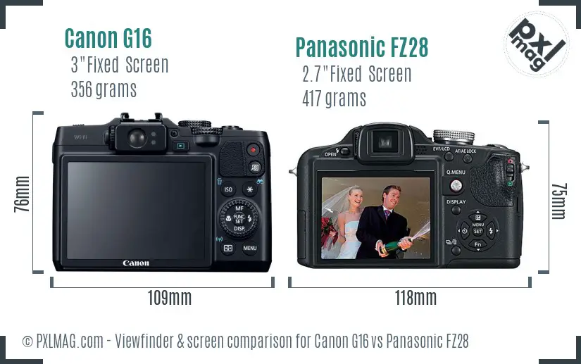 Canon G16 vs Panasonic FZ28 Screen and Viewfinder comparison