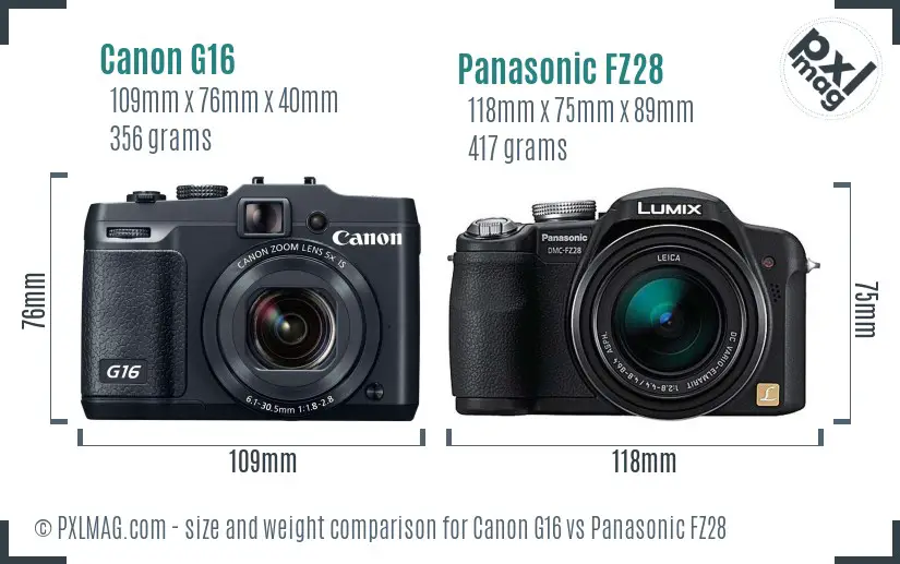 Canon G16 vs Panasonic FZ28 size comparison