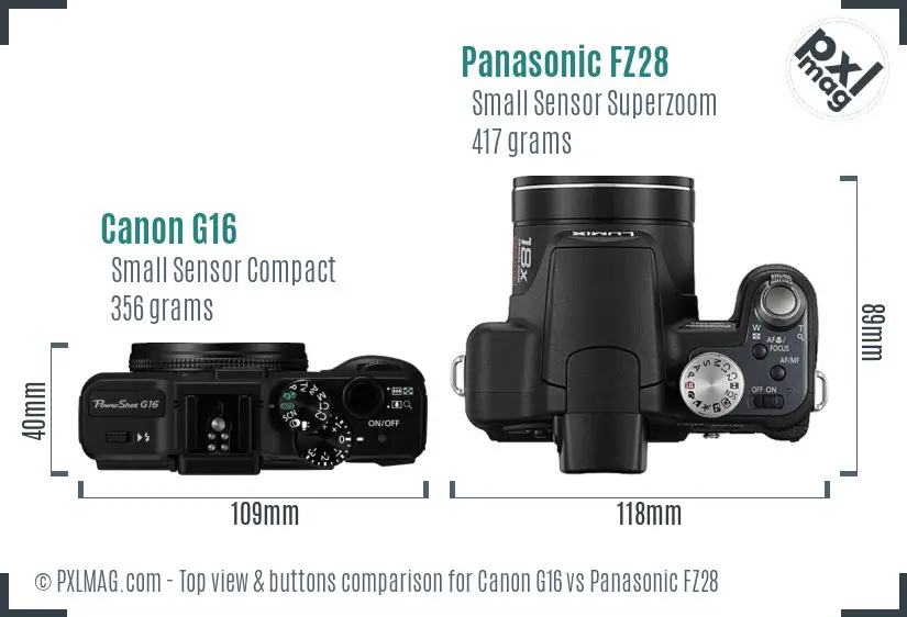 Canon G16 vs Panasonic FZ28 top view buttons comparison
