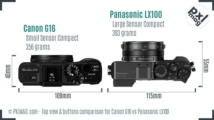Canon G16 vs Panasonic LX100 top view buttons comparison