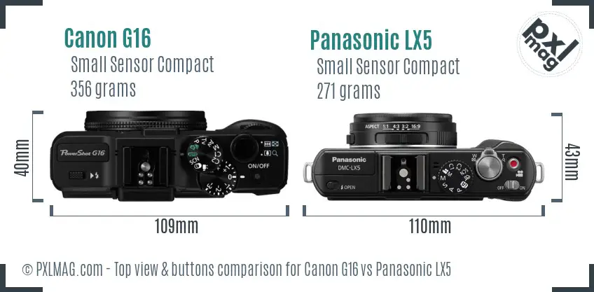 Canon G16 vs Panasonic LX5 top view buttons comparison