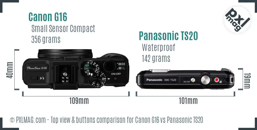 Canon G16 vs Panasonic TS20 top view buttons comparison Canon G16 vs Panasonic TS20 top view buttons comparison