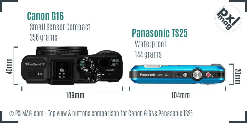 Canon G16 vs Panasonic TS25 top view buttons comparison Canon G16 vs Panasonic TS25 top view buttons comparison
