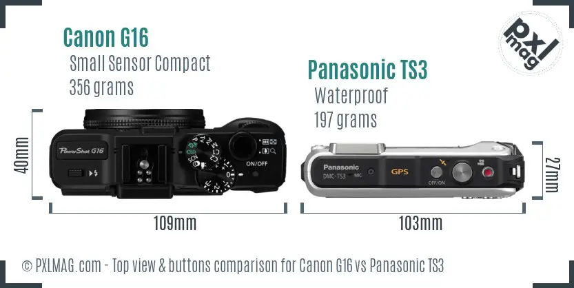 Canon G16 vs Panasonic TS3 top view buttons comparison Canon G16 vs Panasonic TS3 top view buttons comparison