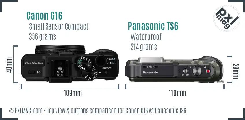 Canon G16 vs Panasonic TS6 top view buttons comparison