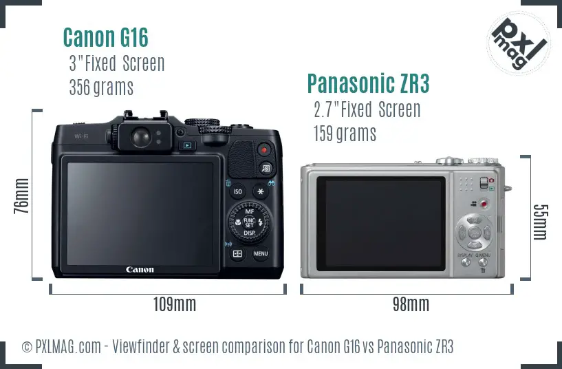 Canon G16 vs Panasonic ZR3 Screen and Viewfinder comparison