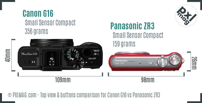 Canon G16 vs Panasonic ZR3 top view buttons comparison