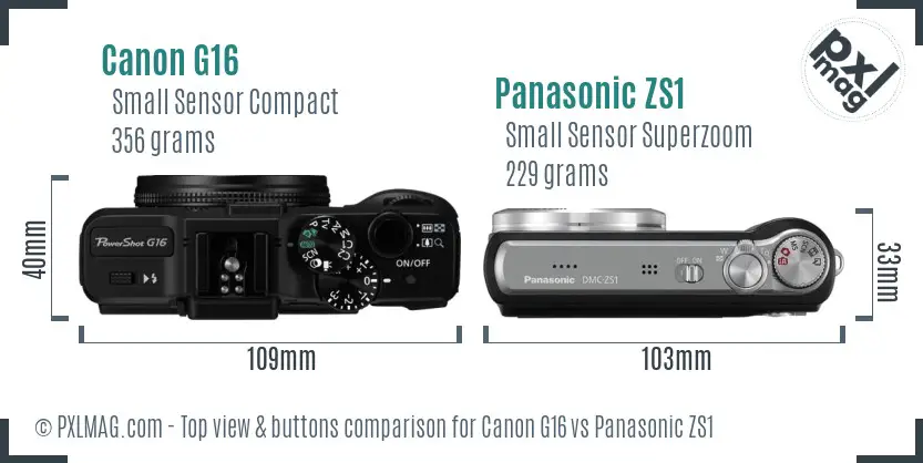 Canon G16 vs Panasonic ZS1 top view buttons comparison Canon G16 vs Panasonic ZS1 top view buttons comparison
