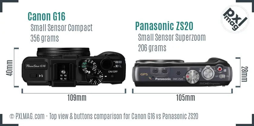 Canon G16 vs Panasonic ZS20 top view buttons comparison