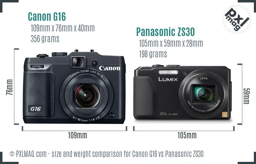 Canon G16 vs Panasonic ZS30 size comparison
