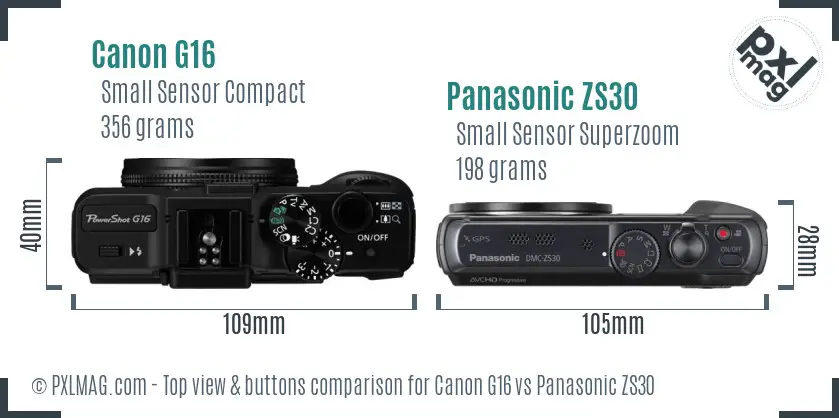 Canon G16 vs Panasonic ZS30 top view buttons comparison