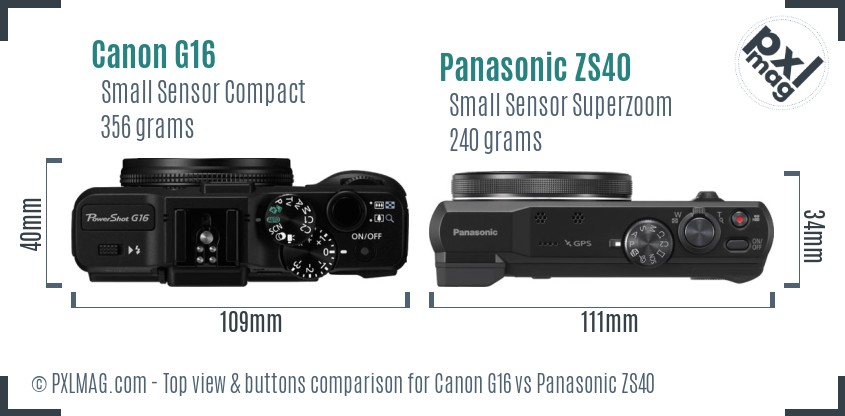 Canon G16 vs Panasonic ZS40 top view buttons comparison