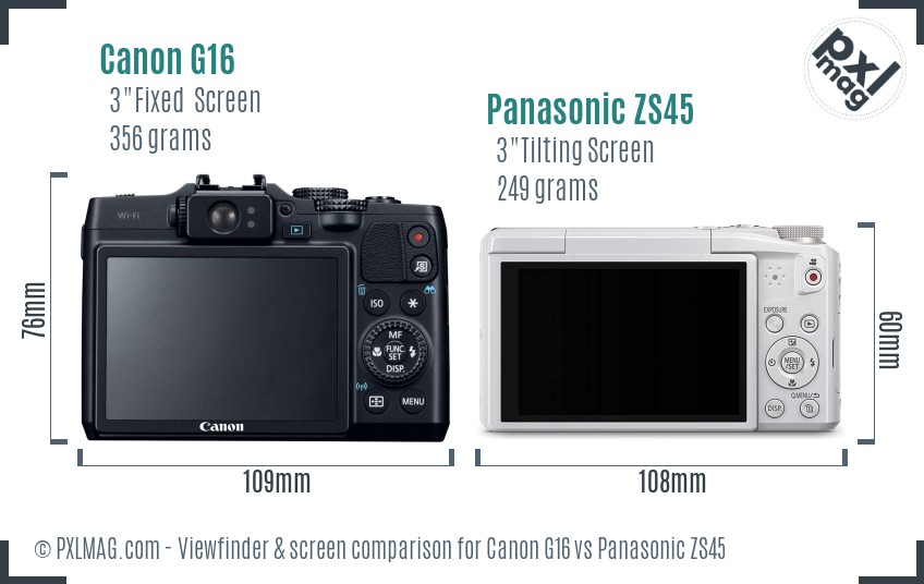 Canon G16 vs Panasonic ZS45 Screen and Viewfinder comparison