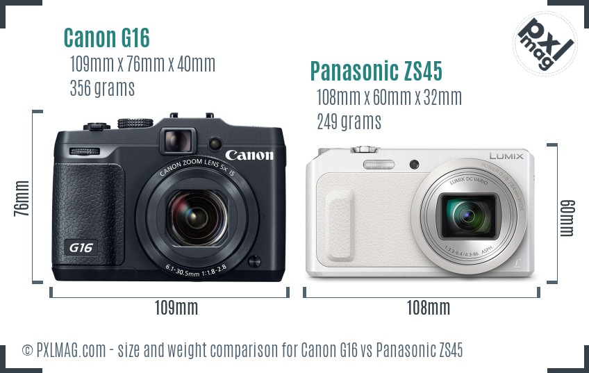 Canon G16 vs Panasonic ZS45 size comparison