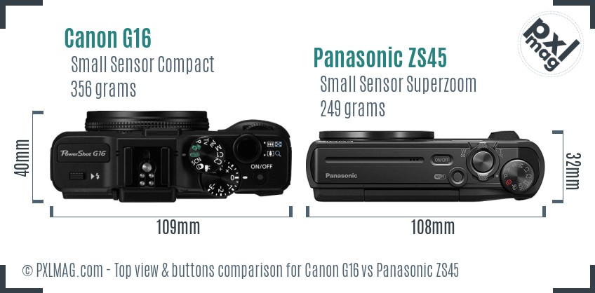 Canon G16 vs Panasonic ZS45 top view buttons comparison
