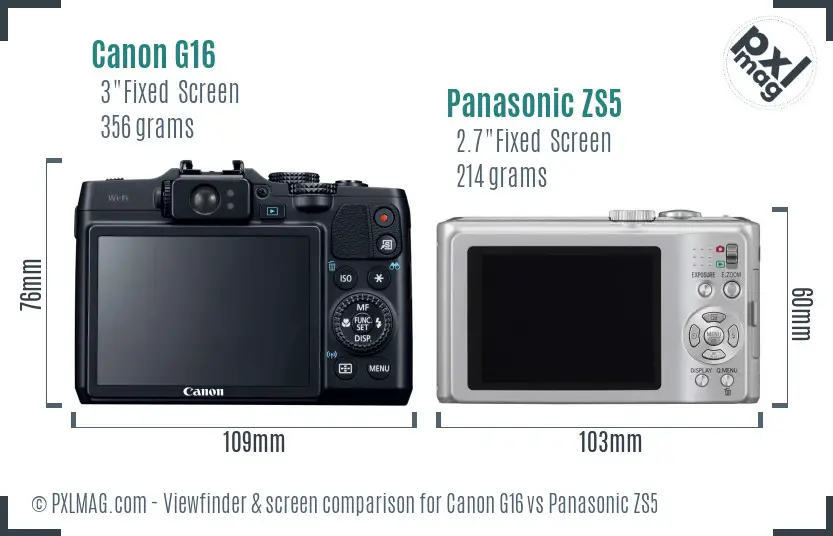 Canon G16 vs Panasonic ZS5 Screen and Viewfinder comparison