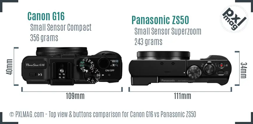 Canon G16 vs Panasonic ZS50 top view buttons comparison Canon G16 vs Panasonic ZS50 top view buttons comparison