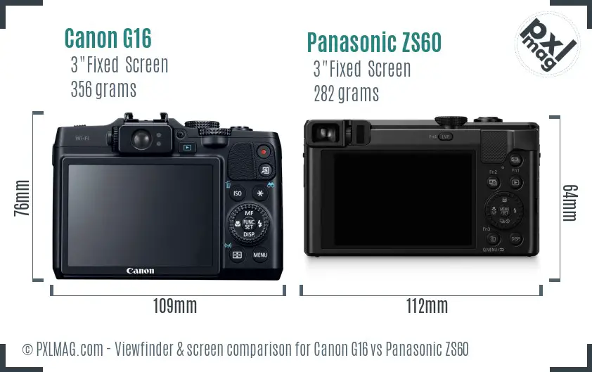 Canon G16 vs Panasonic ZS60 Screen and Viewfinder comparison