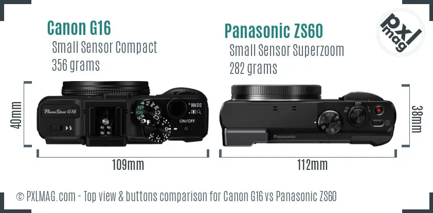 Canon G16 vs Panasonic ZS60 top view buttons comparison