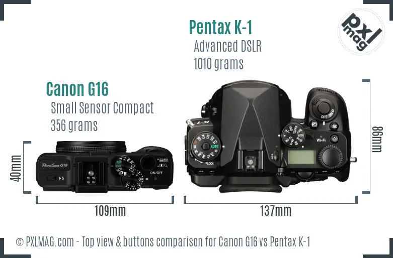 Canon G16 vs Pentax K-1 top view buttons comparison