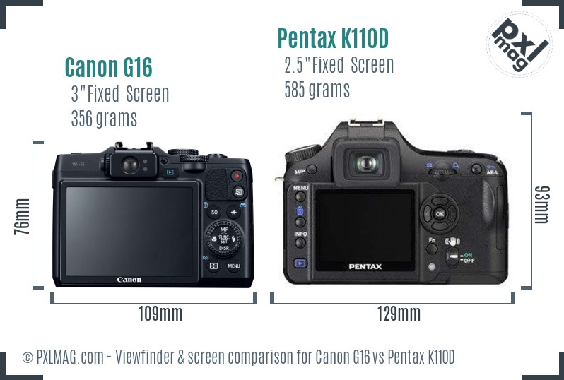 Canon G16 vs Pentax K110D Screen and Viewfinder comparison