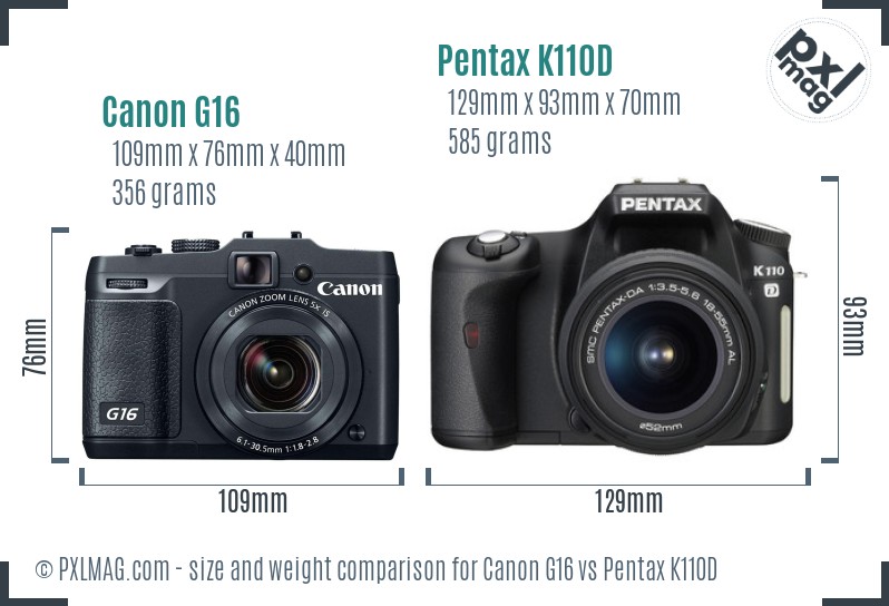 Canon G16 vs Pentax K110D size comparison