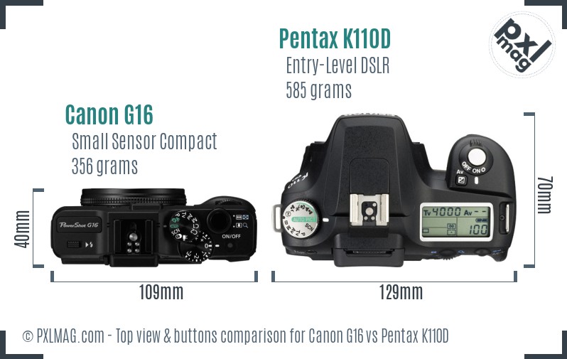 Canon G16 vs Pentax K110D top view buttons comparison