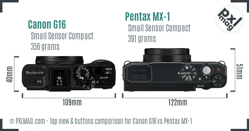 Canon G16 vs Pentax MX-1 top view buttons comparison