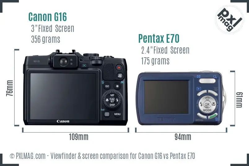 Canon G16 vs Pentax E70 Screen and Viewfinder comparison