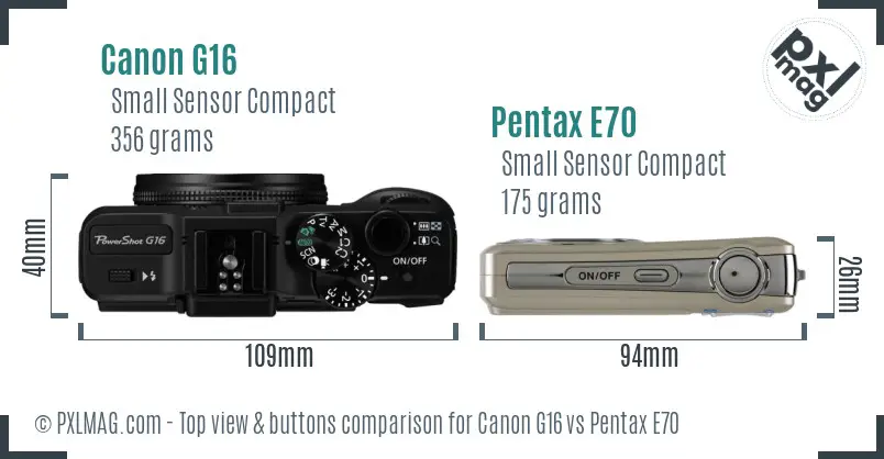 Canon G16 vs Pentax E70 top view buttons comparison