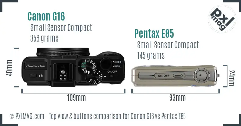 Canon G16 vs Pentax E85 top view buttons comparison