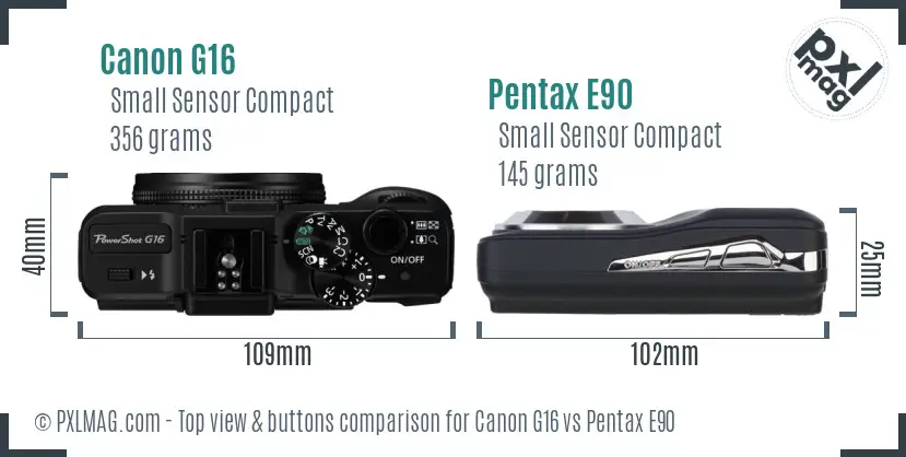 Canon G16 vs Pentax E90 top view buttons comparison