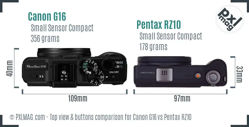 Canon G16 vs Pentax RZ10 top view buttons comparison