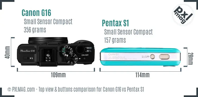 Canon G16 vs Pentax S1 top view buttons comparison