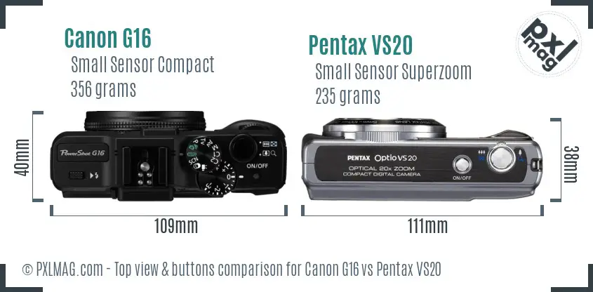 Canon G16 vs Pentax VS20 top view buttons comparison Canon G16 vs Pentax VS20 top view buttons comparison