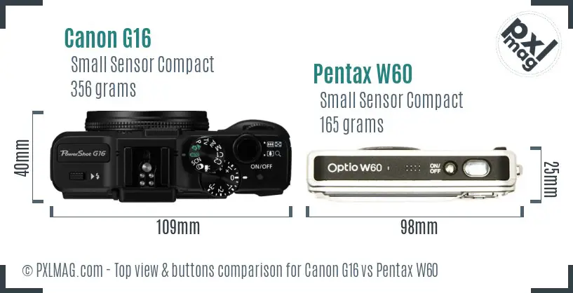 Canon G16 vs Pentax W60 top view buttons comparison