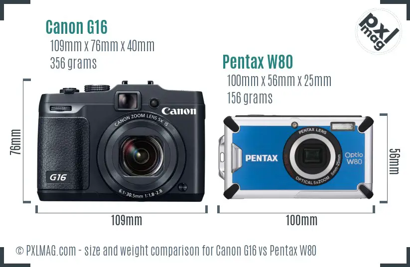 Canon G16 vs Pentax W80 size comparison