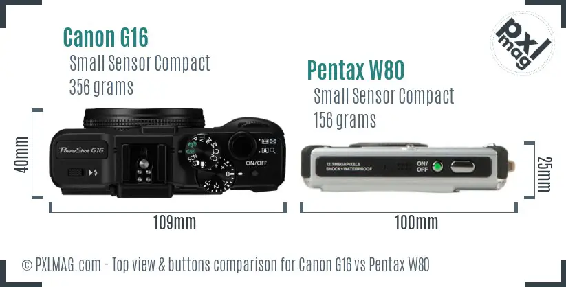 Canon G16 vs Pentax W80 top view buttons comparison
