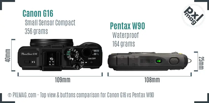 Canon G16 vs Pentax W90 top view buttons comparison Canon G16 vs Pentax W90 top view buttons comparison