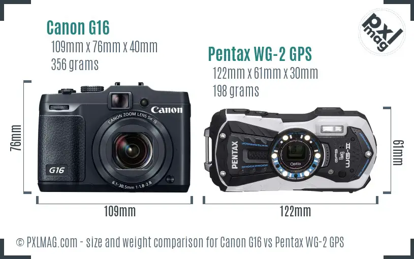 Canon G16 vs Pentax WG-2 GPS size comparison Canon G16 vs Pentax WG-2 GPS size comparison