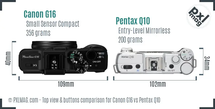 Canon G16 vs Pentax Q10 top view buttons comparison