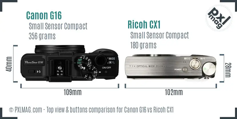 Canon G16 vs Ricoh CX1 top view buttons comparison