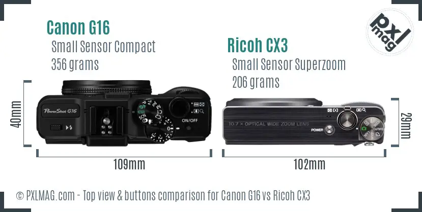 Canon G16 vs Ricoh CX3 top view buttons comparison Canon G16 vs Ricoh CX3 top view buttons comparison