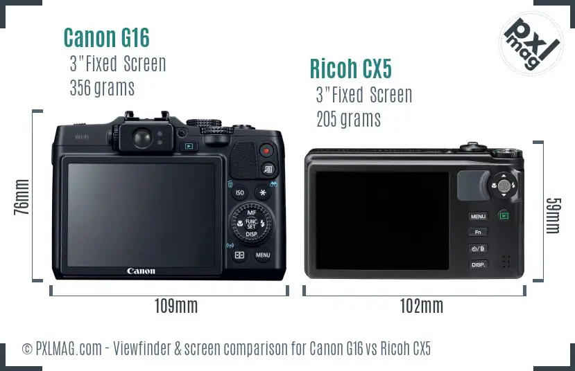 Canon G16 vs Ricoh CX5 Screen and Viewfinder comparison