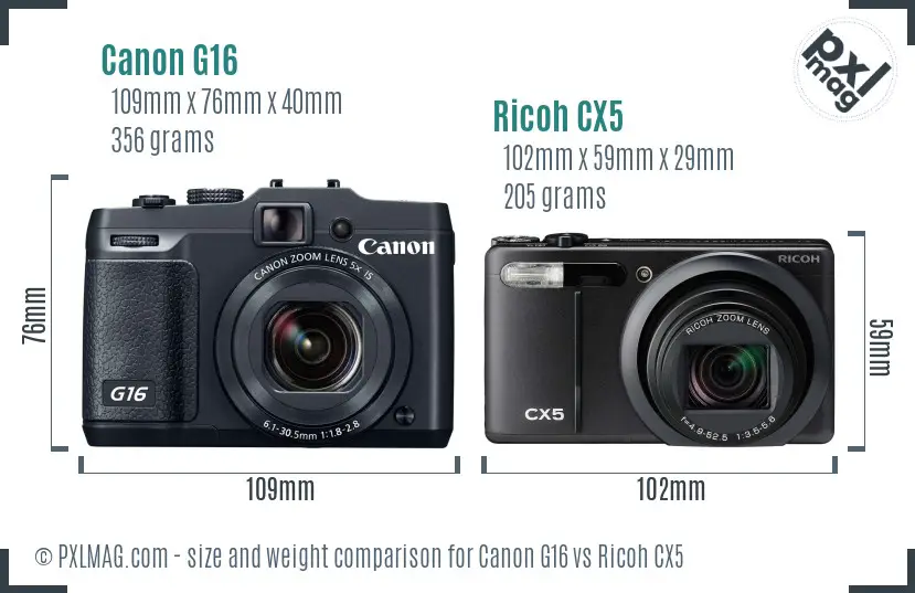 Canon G16 vs Ricoh CX5 size comparison